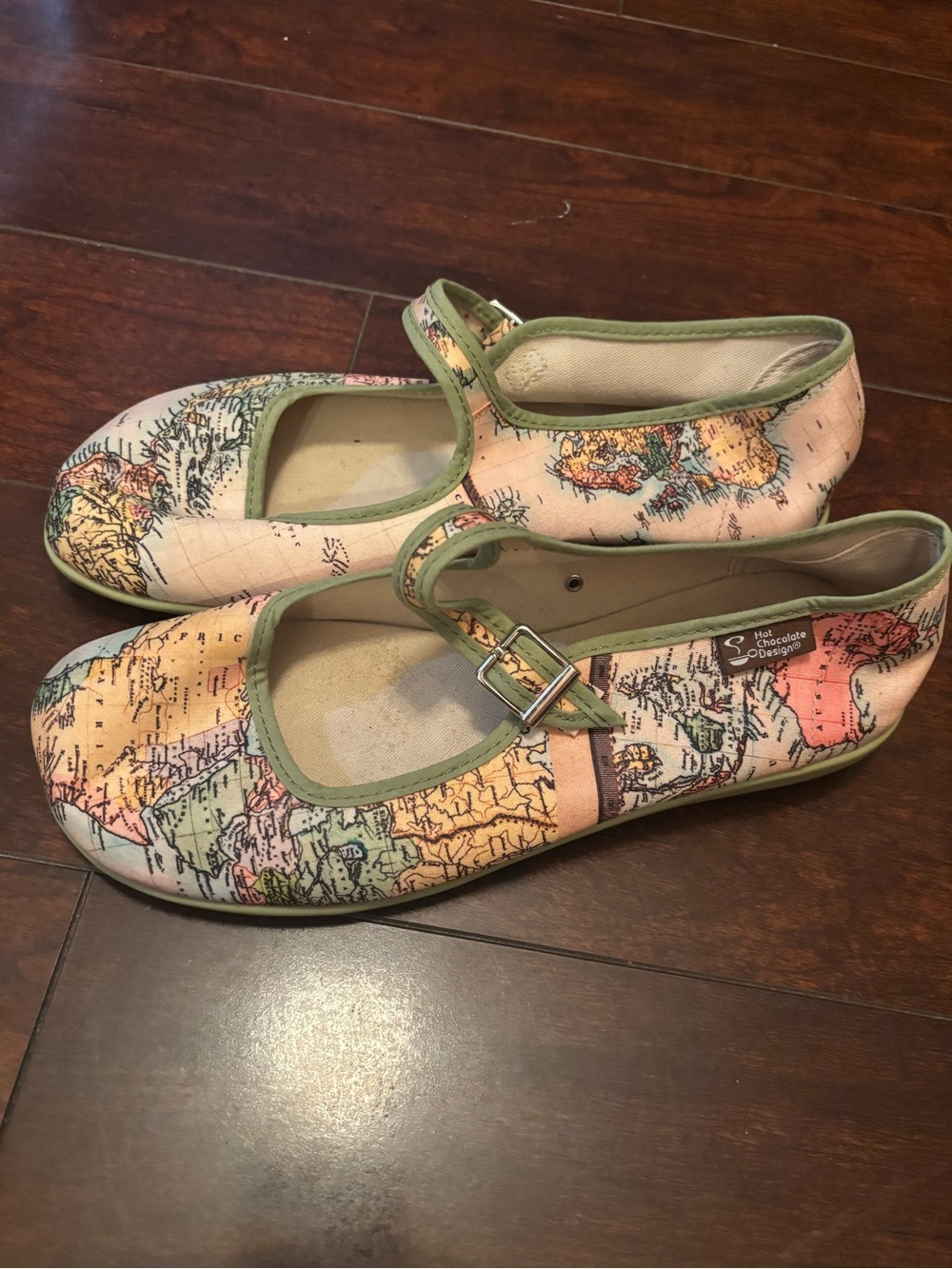 World Map Print Mary Jane Flats with Green Trim size 8.5